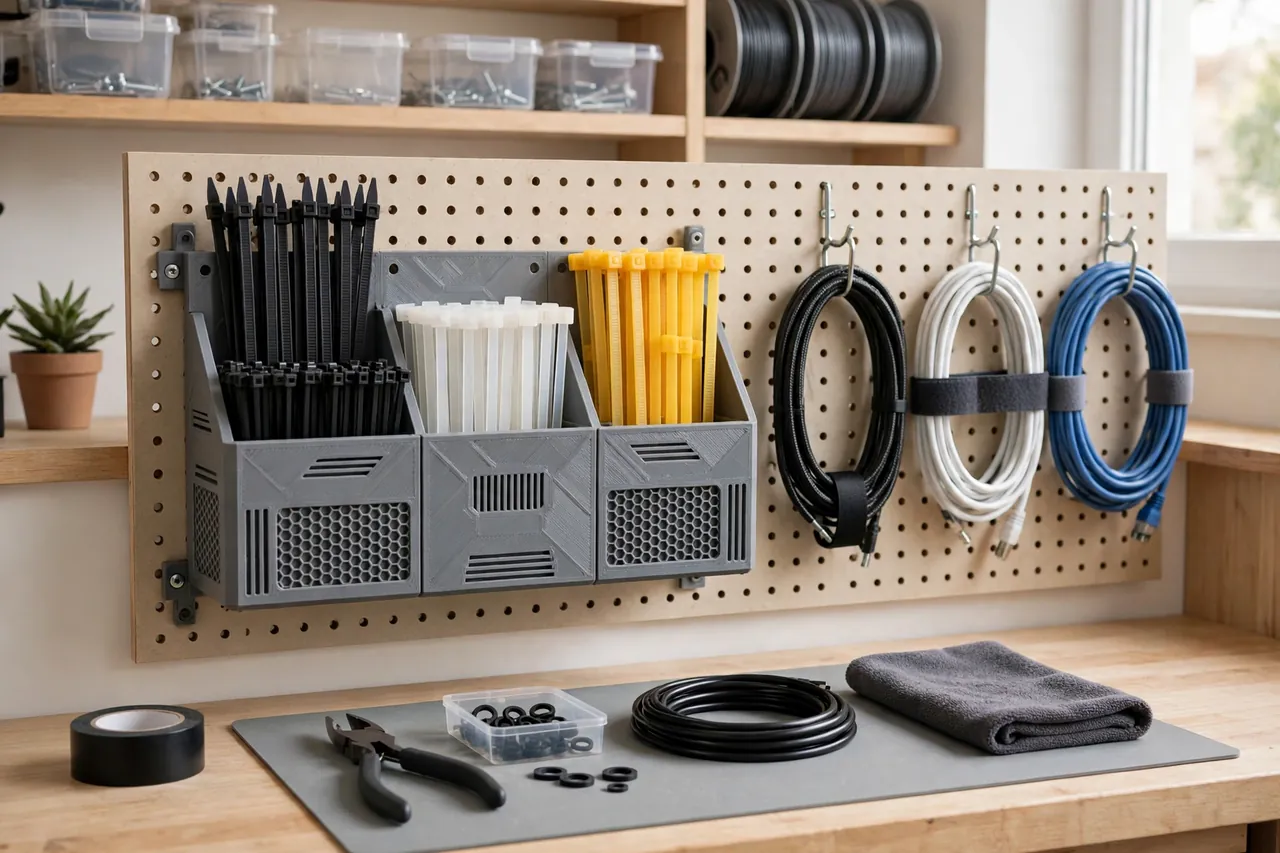 A finished 3D printed zip tie station mounted on a pegboard above a tidy workbench, cable ties sorted and upright