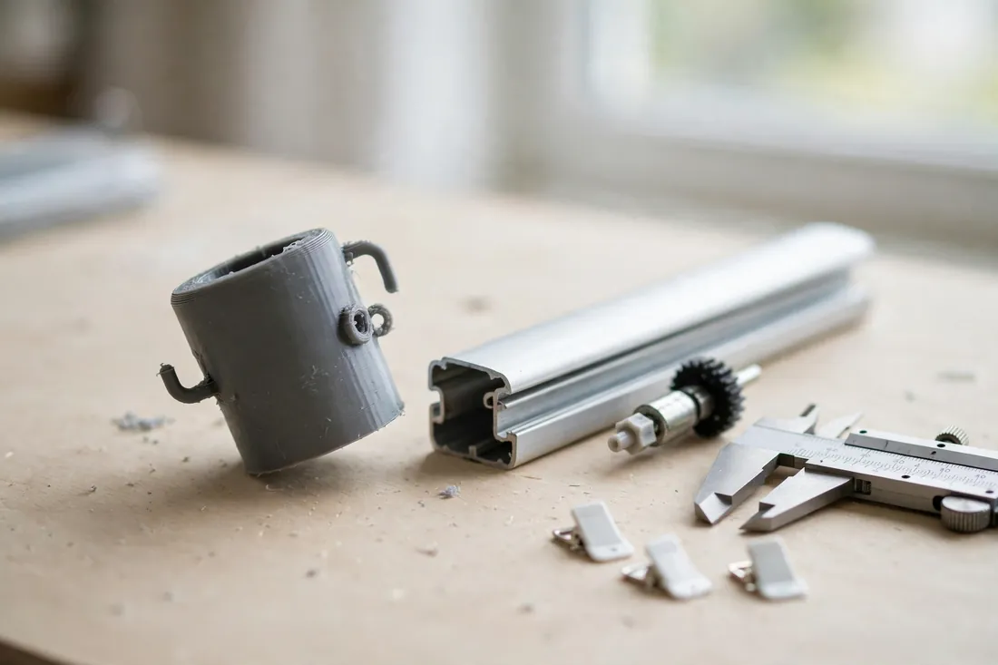 Close-up view of a 3D printed tilt wand top on a light workbench