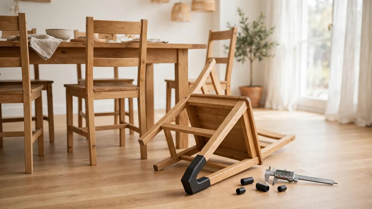 Bright dining room, light oak floor, wooden chairs around a table