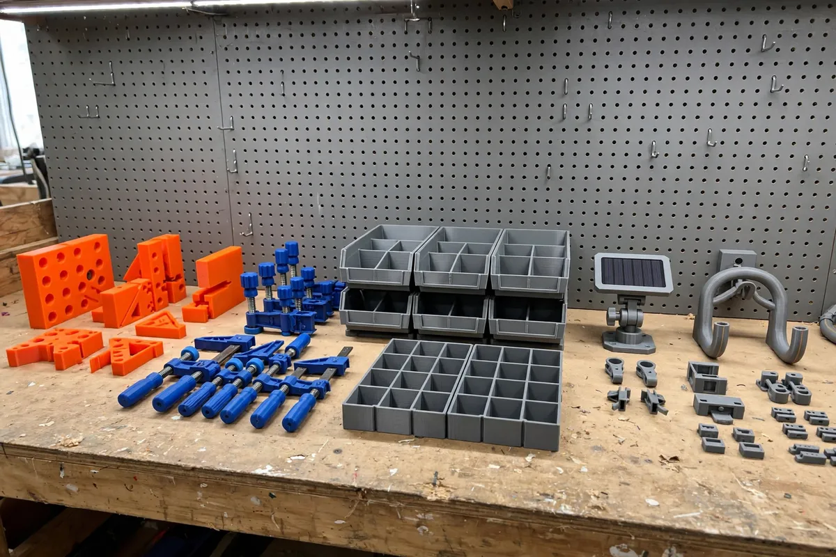 A wide, inviting workbench scene covered with an organized collection of colorful 3D printed tools — orange jigs, blue clamps