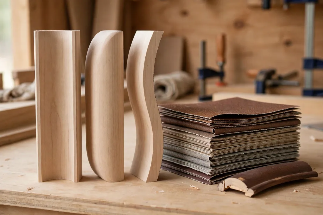 A tidy row of finished sanding blocks in cove, round-over