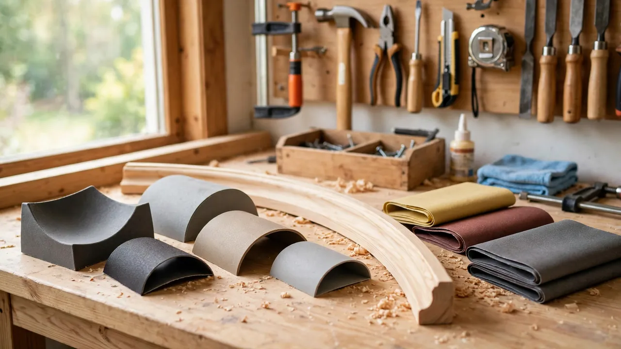 A bright home workshop bench with several matte plastic contour sanding blocks in different curved profiles resting beside a length