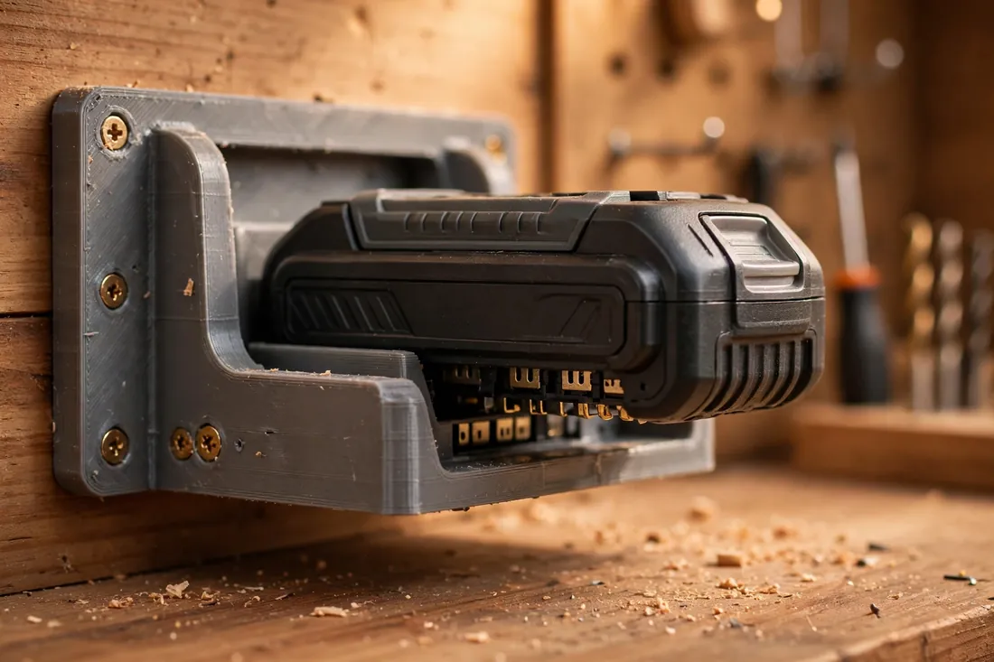 Close-up side view of a single cordless tool battery pack sliding by its side housing rails into an open 3D printed wall cradle above