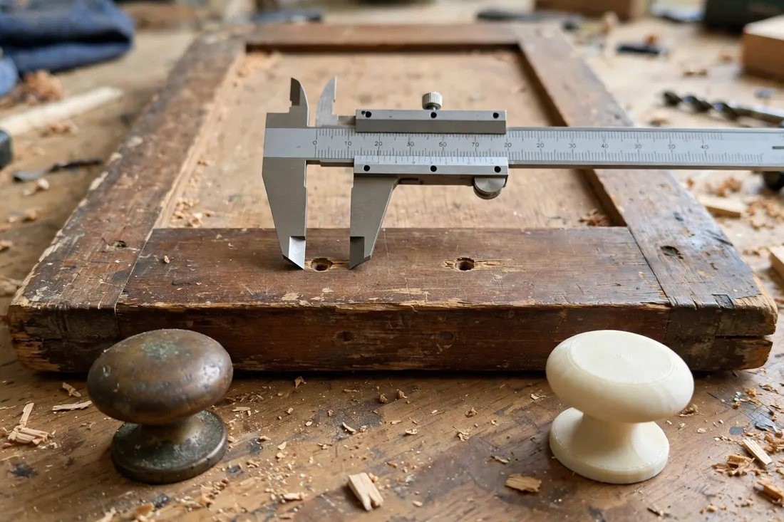 Close-up view of calipers measuring the screw-hole spacing on the back of an old wooden drawer front laid on a workbench