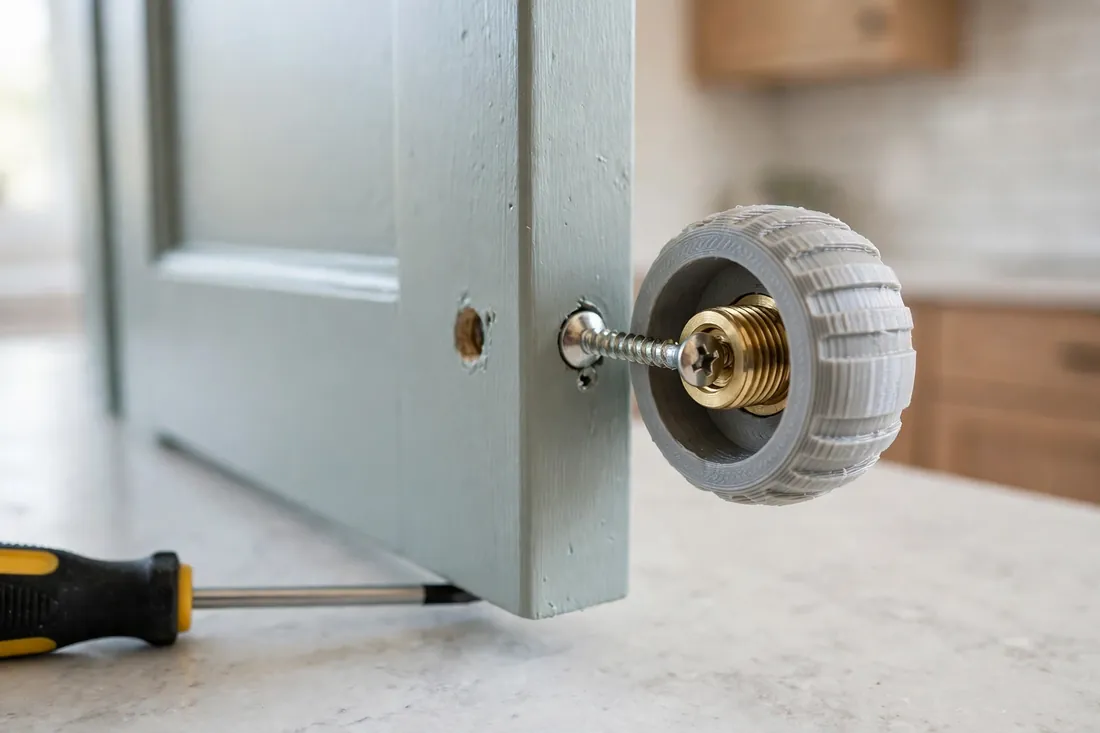 A close-up of a 3D printed cabinet knob being fitted to a painted kitchen cabinet door