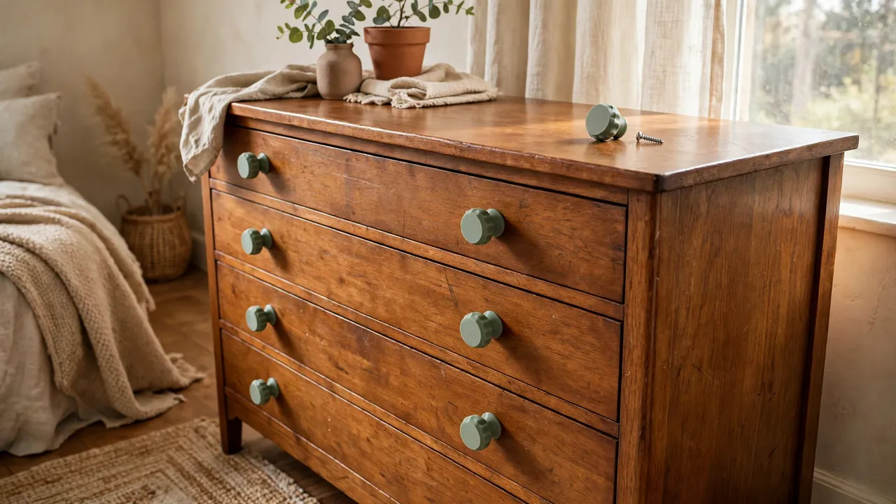 A warm bedroom scene with a restored medium-oak dresser