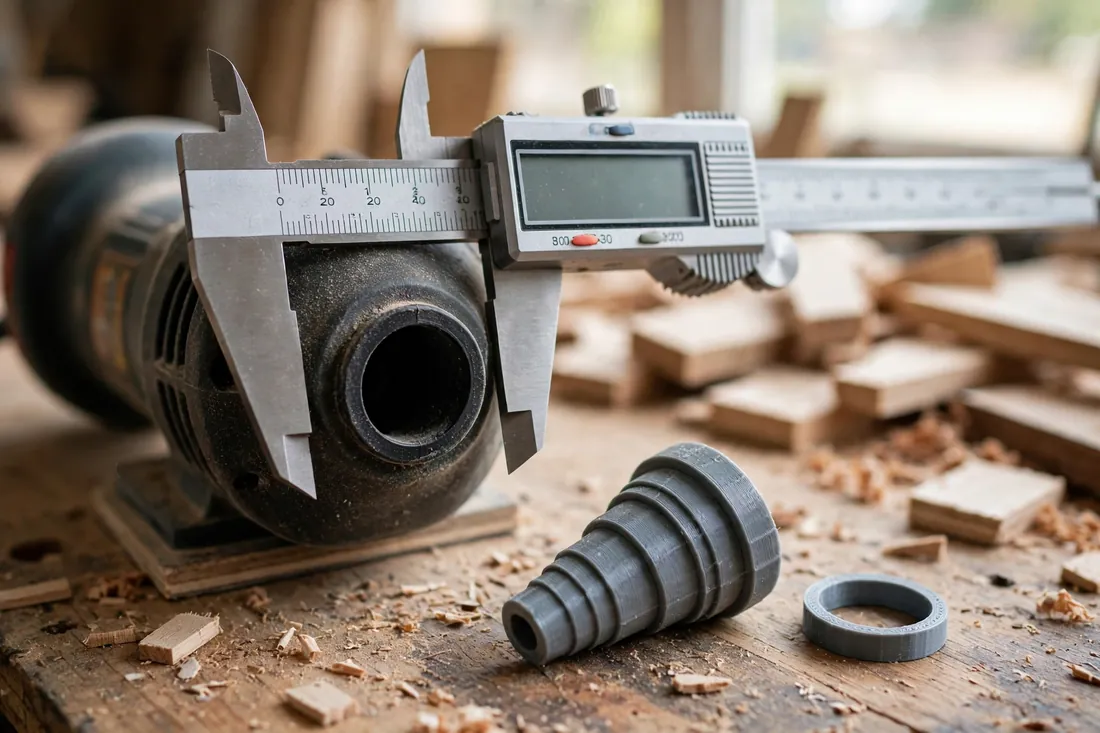 Close-up workshop detail of digital calipers measuring the round dust port on the back of an orbital sander on a workbench