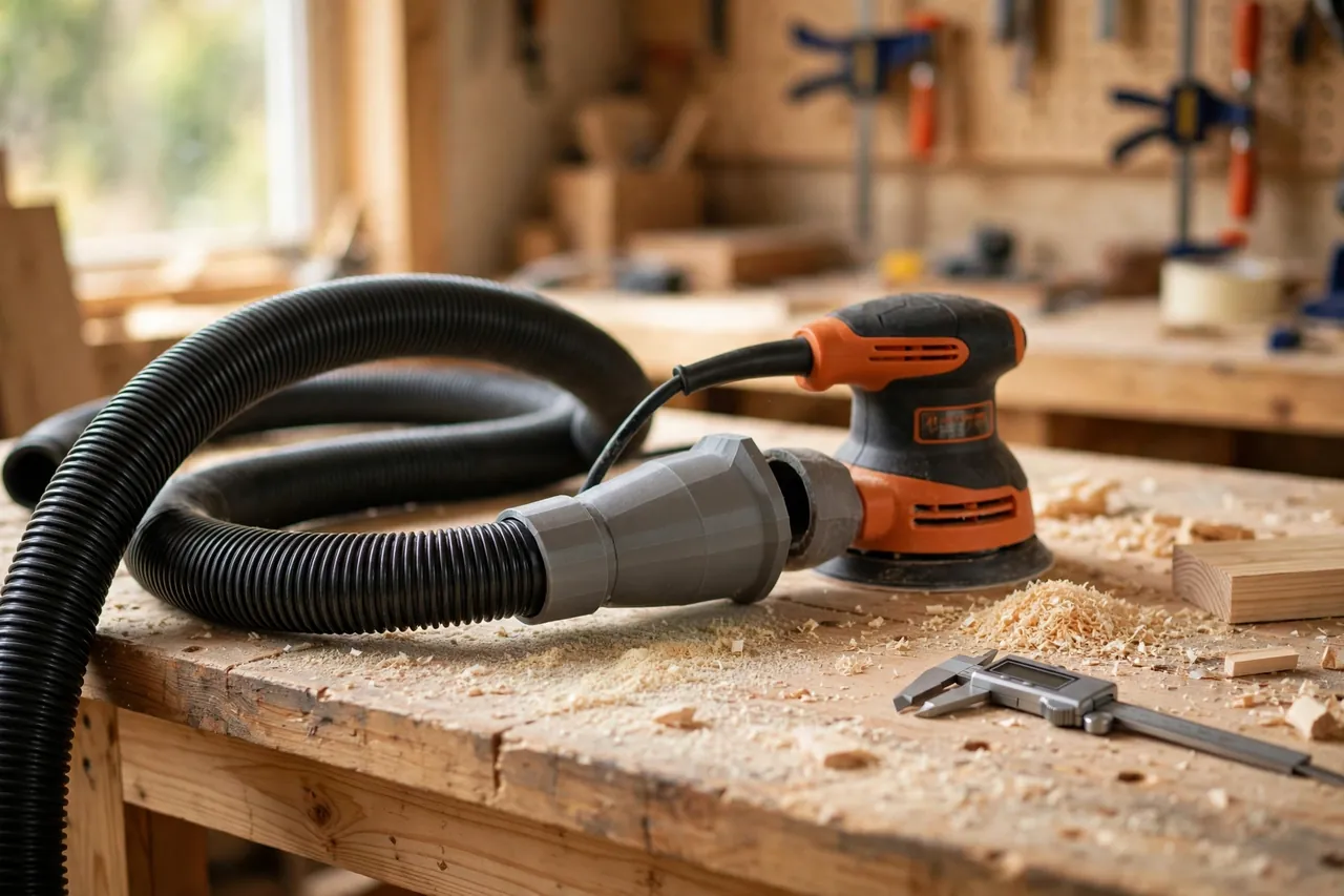 A bright home workshop workbench scene with an orbital sander resting on a wooden bench