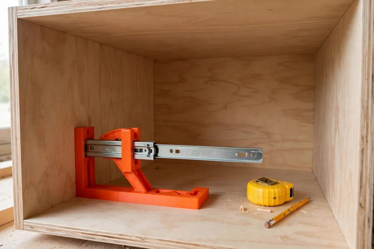 Interior view of an open kitchen cabinet with no drawer installed
