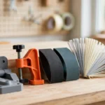 A welcoming home workshop bench in bright natural light, arranged as a beginner starter kit: a matte gray 3D printed hinge jig