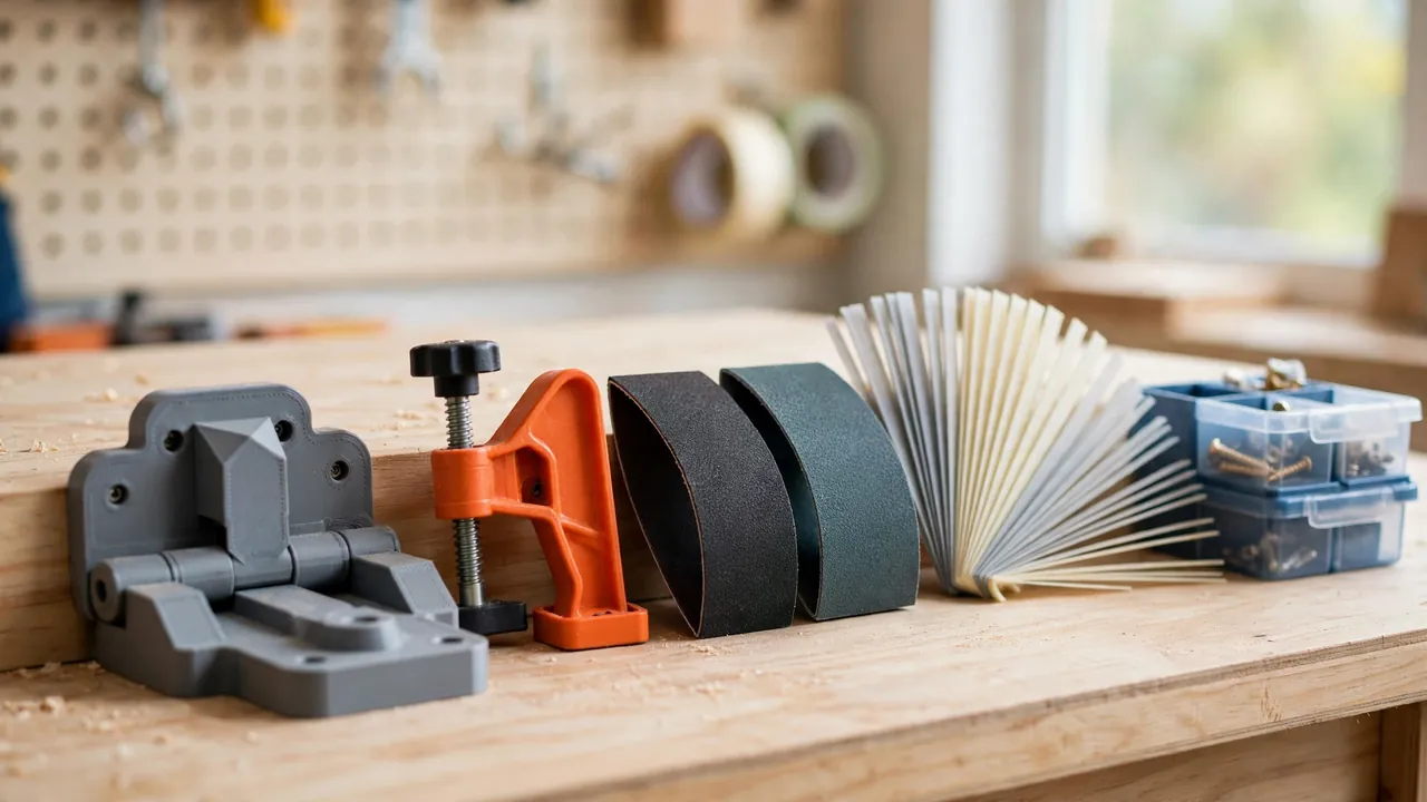 A welcoming home workshop bench in bright natural light, arranged as a beginner starter kit: a matte gray 3D printed hinge jig