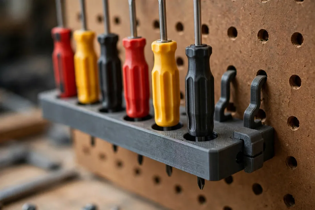 Close-up angled view of a 3D printed screwdriver rail on brown pegboard, six screwdrivers with red, yellow