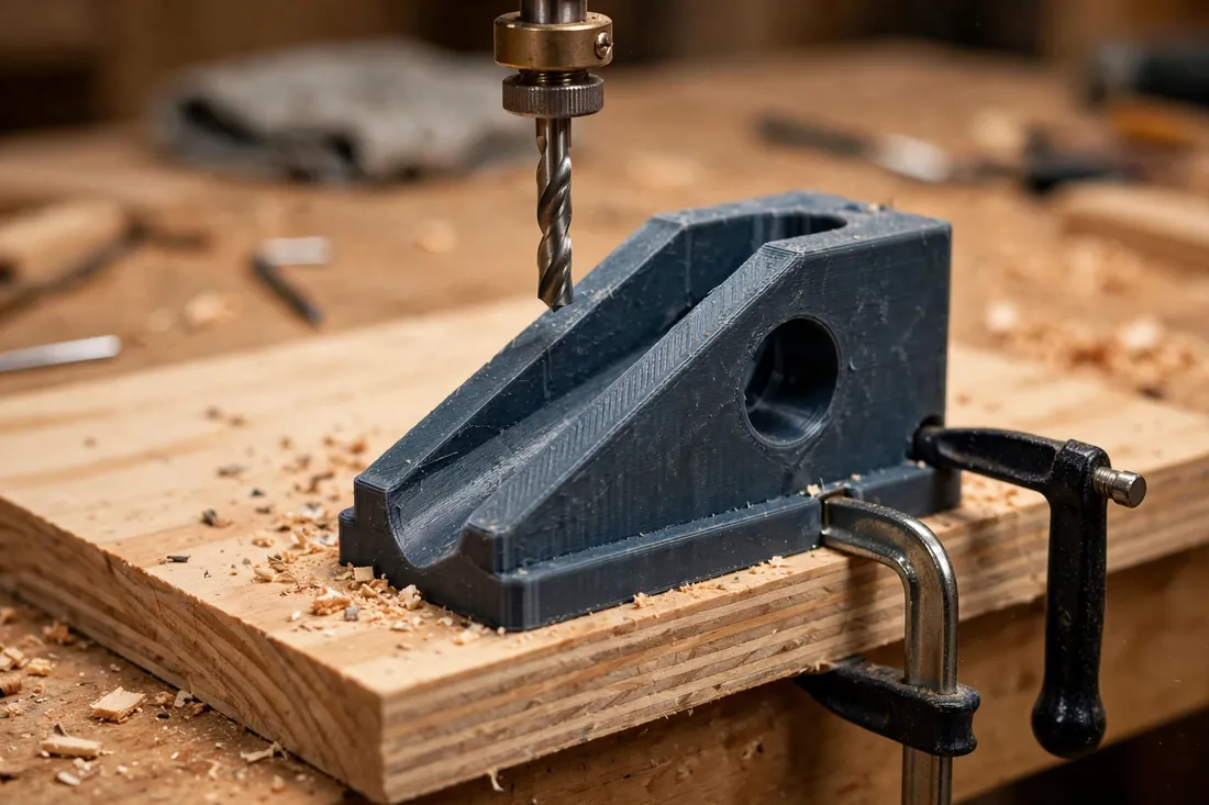 Close-up side view of a 3D printed pocket-screw guide showing its shallow angled drill channel
