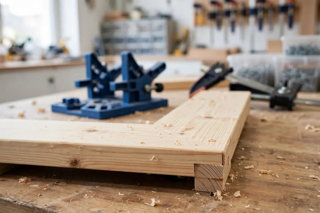 Two wooden boards joined at a neat right angle on a workbench