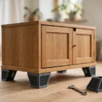 A bright home interior scene with a wooden side cabinet standing level on newly fitted matte charcoal-gray 3D printed furniture feet, one spare