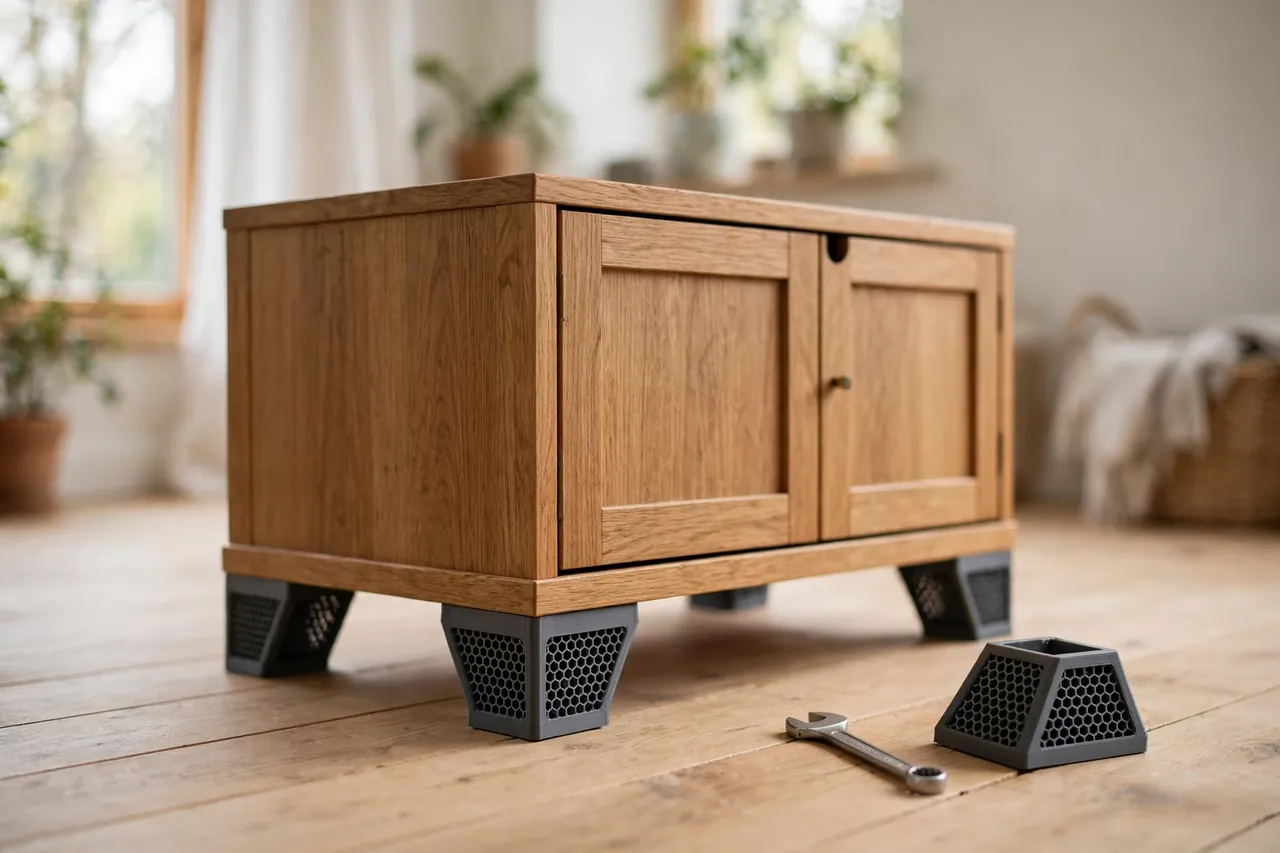 A bright home interior scene with a wooden side cabinet standing level on newly fitted matte charcoal-gray 3D printed furniture feet, one spare