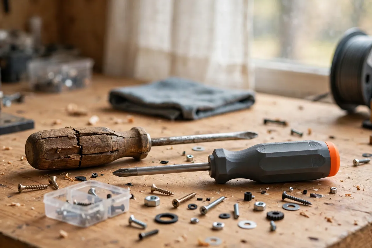A bright home workshop scene on a warm wooden workbench