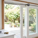 A bright home interior scene with a white sliding patio door half open on its track