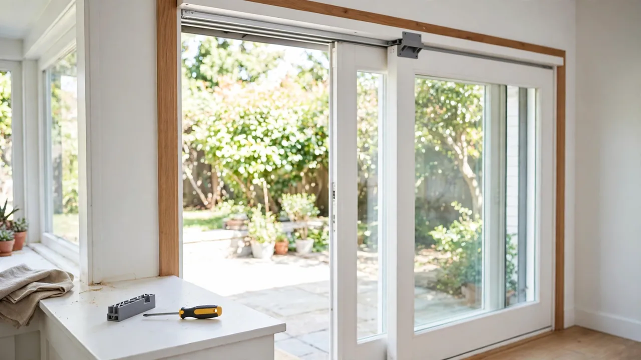 A bright home interior scene with a white sliding patio door half open on its track