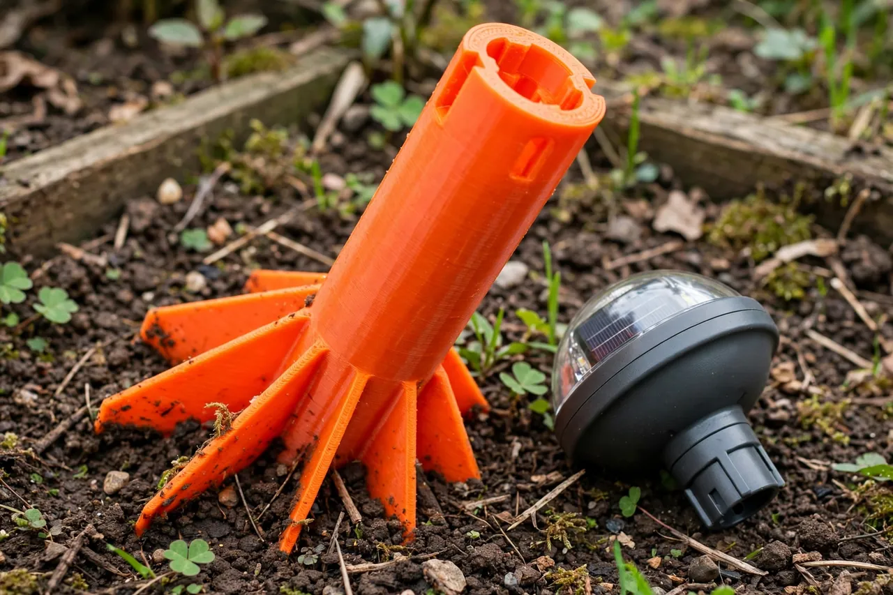 Close-up of a bright-orange 3D printed riser stake being pushed into soil beside a solar light head that slots onto its top socket