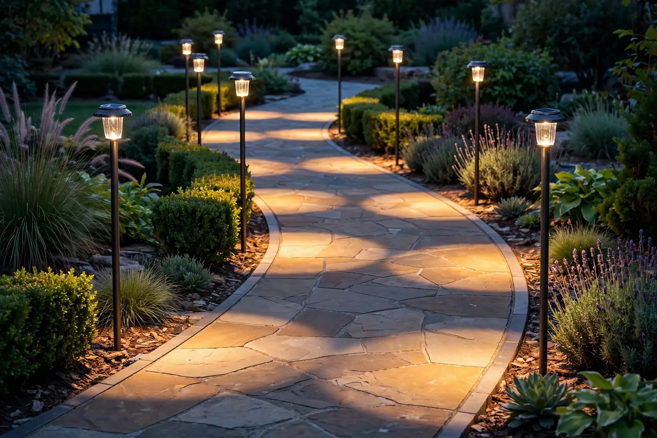A finished pathway at dusk with solar lights on taller riser stakes casting wide overlapping pools of light along the path