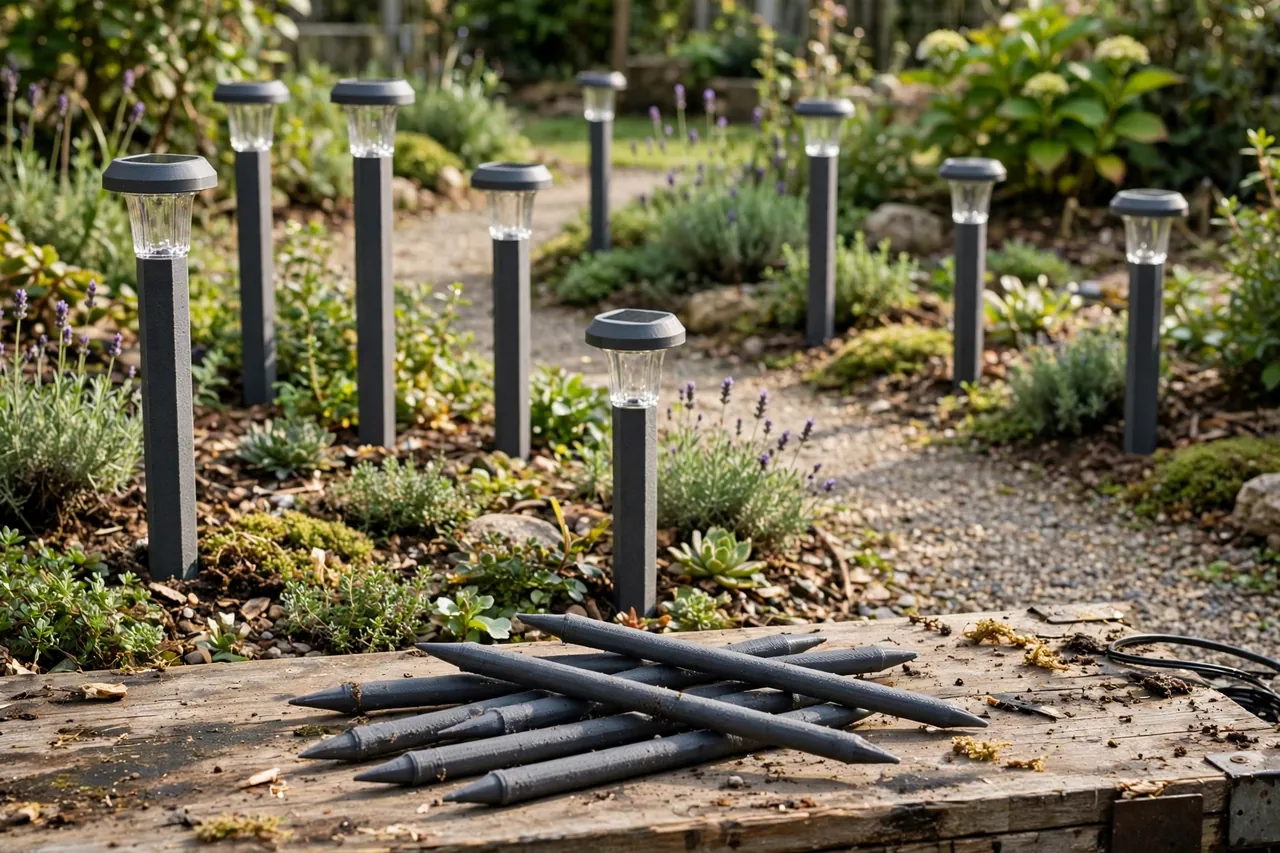A garden path scene with solar pathway lights raised on matte charcoal-gray 3D printed riser stakes at different heights above low planting, original