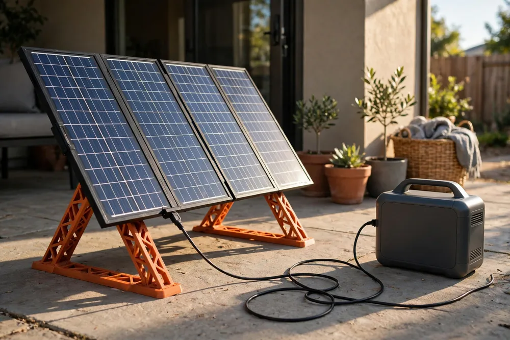 A portable solar panel on a home patio tilted on printed kickstand legs toward the afternoon sun