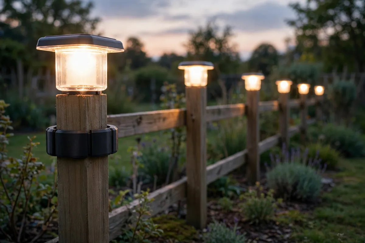 A garden fence line at dusk with warm white solar post cap lights glowing on wooden posts