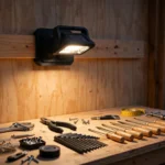 A tidy home workshop bench at dusk, a matte black 3D printed holder mounted on a wooden wall cleat holding a complete sealed solar work light shining