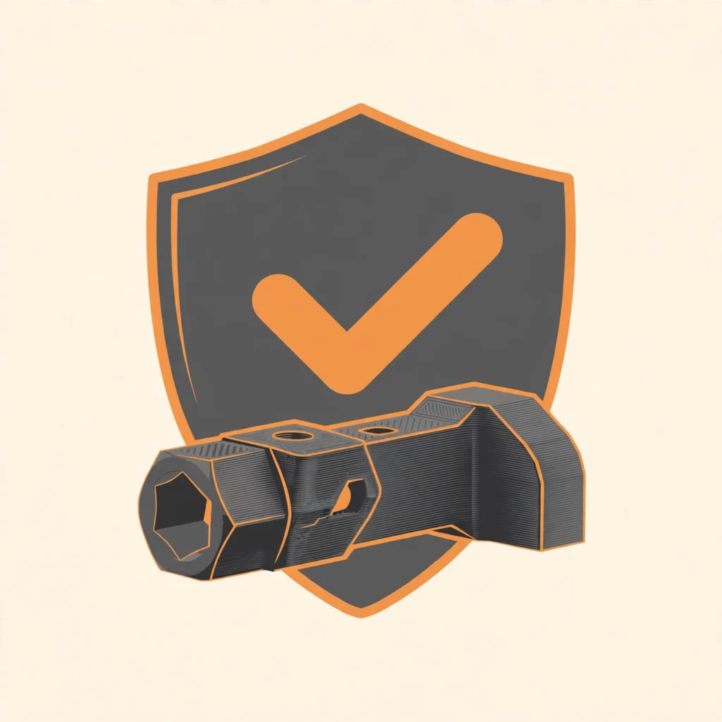A shield with a checkmark in front of a 3D printed part, illustrating honest safety limits