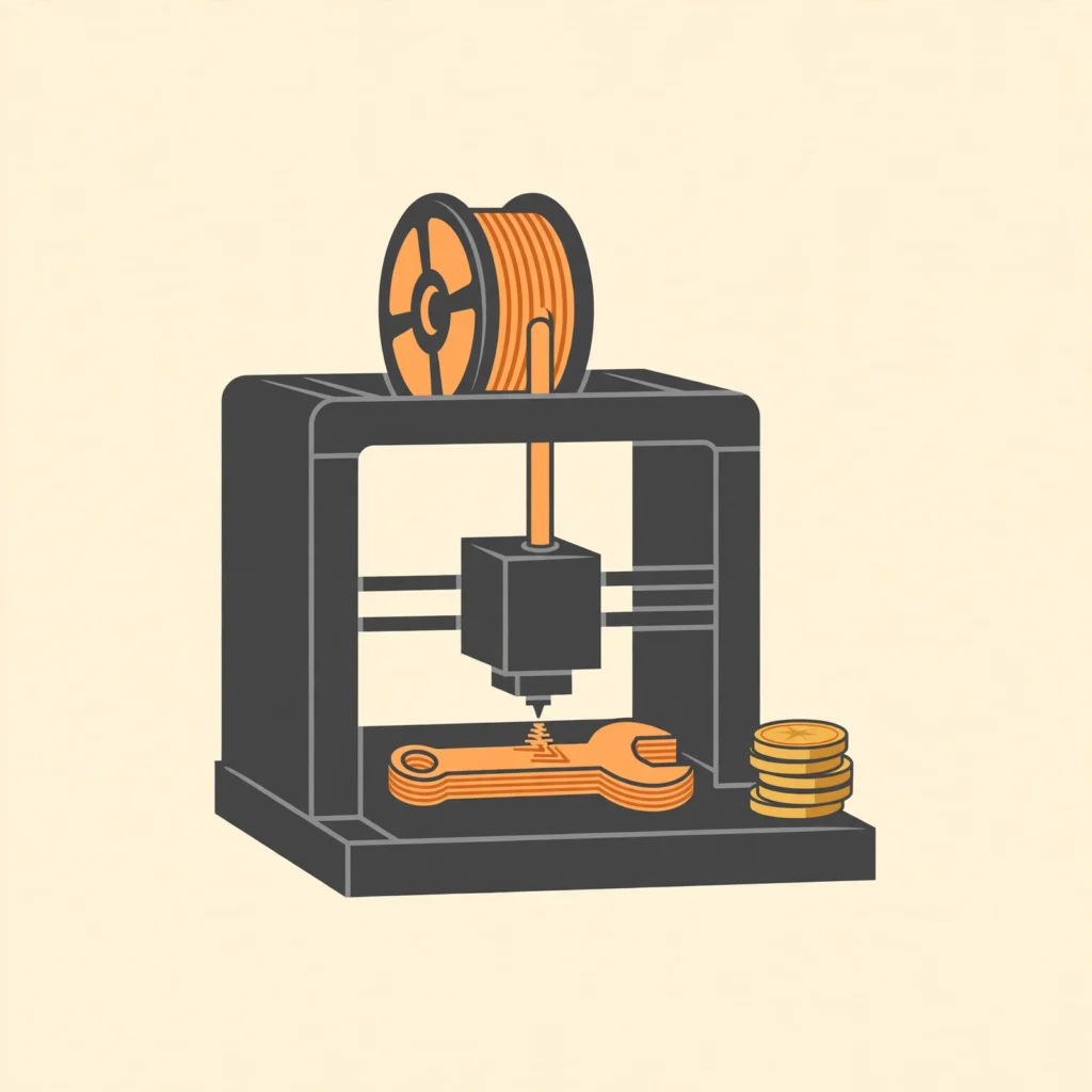 A desktop 3D printer printing a tool beside a small stack of coins, illustrating print, fix and save