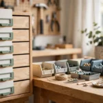 A bright home workshop scene with a wooden drawer unit fitted with matte sage-green 3D printed label holders