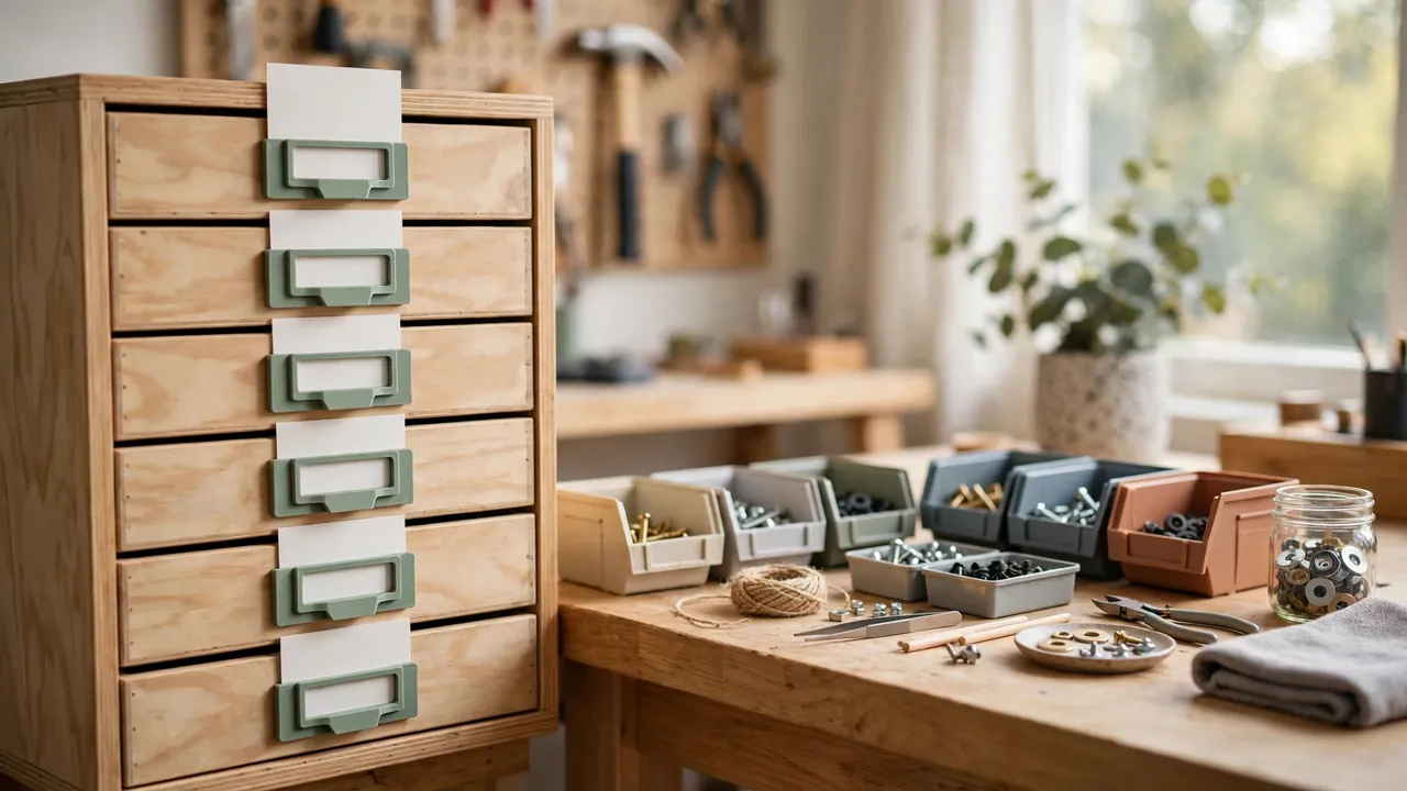 A bright home workshop scene with a wooden drawer unit fitted with matte sage-green 3D printed label holders